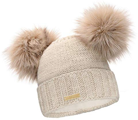 Mikos * Damen Wurm Winter Beanie Strickmütze Gefüttert Skimütze Wintermütze mit Zwei Pom Pom Mütze mit Zwei Bommeln Slouch Beanie Damen - Bommelmütze(689) (Beige)