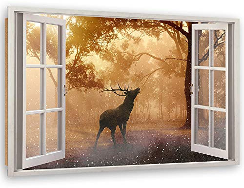 Feeby - Wandbilder Wohnzimmer 60x40 cm, Deko Paneel Bilder, Bilder für Schlafzimmer, Echter Gemalter Effekt, Moderne Wanddeko, Gemälde - Fensterblick, Hirsch im Wald - Orange