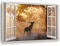 Feeby - Wandbilder Wohnzimmer 60x40 cm, Deko Paneel Bilder, Bilder für Schlafzimmer, Echter Gemalter Effekt, Moderne Wanddeko, Gemälde - Fensterblick, Hirsch im Wald - Orange