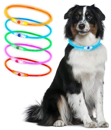 Ultra Blue Silicone 70cm LED Light Up Dog Collar Cut to Size Rechargeable 3 Settings Large Dogs Medium Dogs Small Dogs Puppies Cats Flashing Dog Collar Lights for Night Safety USB Charging Collars