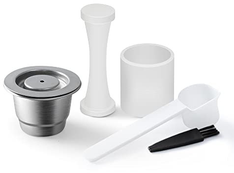 Nes à Capsules Rechargeables en Acier Inoxydable,Réutilisable Capsules Perespresso,Pinceau+Cuillère(Capsule+Powder Filling Aid)