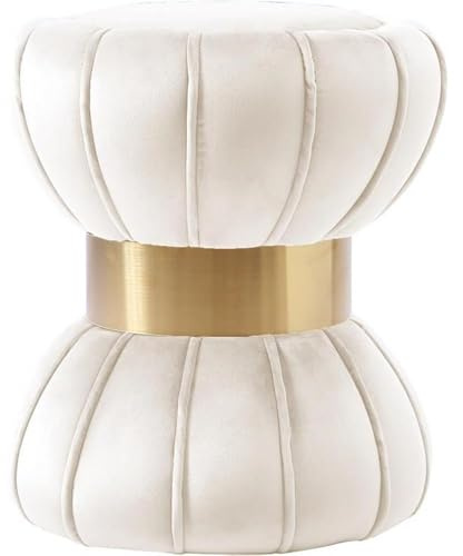 Meridian Furniture Vino Collection Modern | Contemporary Velvet Upholstered Hourglass Shaped Ottoman/Stool with Gold Finished Stainless Steel Band, 15.5 W x 15.5 D x 17 H, Cream