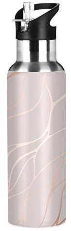 Stainless Steel Water Bottle with Straw, Rose Gold Marble Pattern Insulated Drink Flask Sports Water Bottle for Kids Adults, Leakproof, 600ml