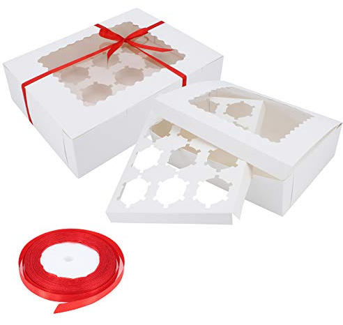 Cupcake-Boxen, 10er-Pack-Kuchenboxen mit herausnehmbaren Einsätzen, weiße Backwaren-Cupcake-Behälter mit Fenster für Muffins-Kuchen, Donut, Macarons (12 Loch)