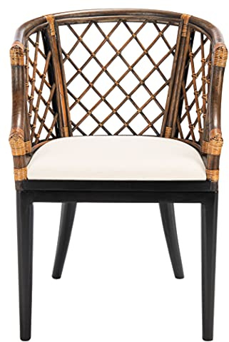 SAFAVIEH Home Collection – Carlotta Natural Wash Arm Chair with White Cushion, Coastal Bistro Accent Chair with Black Legs for Dining or Living Spaces (SEA4013C)
