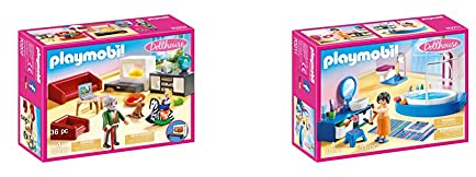 PLAYMOBIL Dollhouse 70207 Gemütliches Wohnzimmer, mit Lichteffekt, ab 4 Jahren & Dollhouse 70211 Badezimmer, ab 4 Jahren