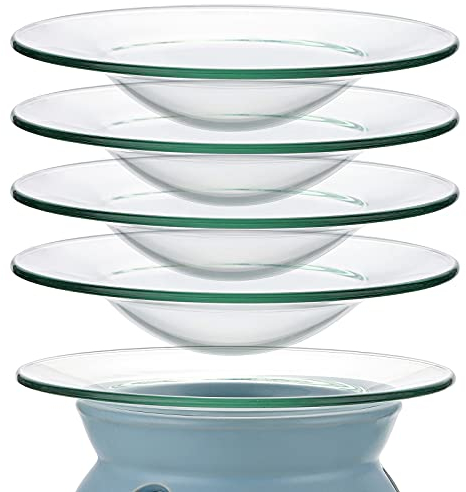 BSTKEY 5 Packs Glass Replacement Oil Warmer Dish, Clear 4.5 Inch Wax Melt Warmer Bowl Plate Lid Tray Replacement for Oil Burner