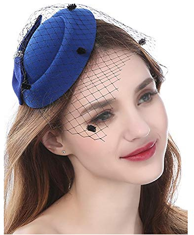 QUUPY Fascinator für Damen, Retro-Stil, Wolle, mit Schleife, Kunstperlen, Schleier und Clip, für Hochzeit, Teeparty usw., blau, Einheitsgröße