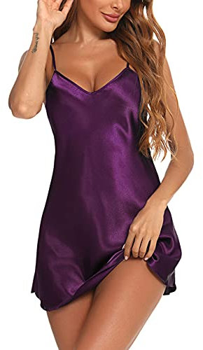 Litherday Camicia da Notte Donna in Raso Sexy Babydoll con Scollo a V e Spalline Regolabili Sottoveste Elegante Vestaglia Estiva Intimo Lingerie Donna Viola L