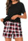 Uniexcosm Pyjama Femme Coton Court Été Carreaux Col Rond Manches Courtes Short Avec Poches Latérales Noir XL