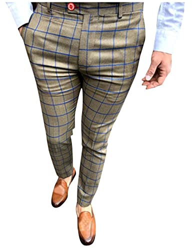 Take Idea Pantalon en tissu pour homme - Coupe slim - Mode urbain - Carreaux - Pantalon de loisirs - Respirant - Matière stretch - Pantalon de travail léger, kaki, L
