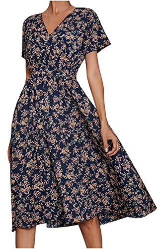 AMhomely Women's Casual Floral Print Off-Shoulder V-Neck Mid-Calf Dress - UK Size, Plus Size, Wedding Guest, Office, Work Dress
