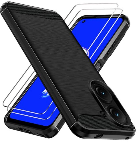 iVoler Cover per ASUS Zenfone 10 / ASUS Zenfone 9 con 2 Pezzi Pellicola Vetro Temperato, Fibra di Carbonio Nero Custodia in Morbida Silicone TPU Anti-Graffio Antiurto Protettiva Case