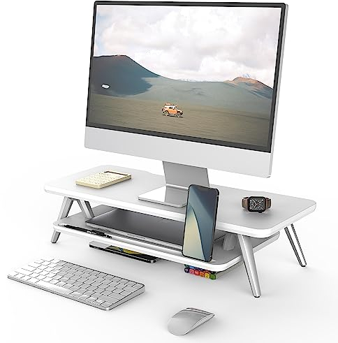 Fenge Monitor Stand Riser 2 Tiers Monitor Stands 60x23.5x14 cm Wood Computer Laptop Stand with Storage Organizer and Cable Management for Office Desk Accessories, White