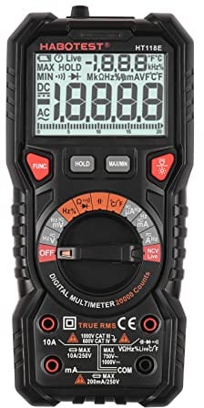 KOCAN HT118E Digital Multimeter Auto Range Multi-meter 20,000 Counts True RMS Measuring AC/DC Voltage & Current Resistance Capacitance Frequency Temperature Continuity Duty MAX/MIN Mesaurement