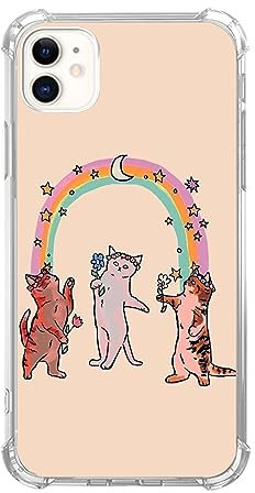 Hippie Trippy Cats Moon Star Rainbow Phone Case Compatible with iPhone 12/iPhone 12 Pro, Cute Dancing Cats Cover for Teens Women Men, Slim Soft Flexible TPU Rubber Case for iPhone 12/iPhone 12 Pro