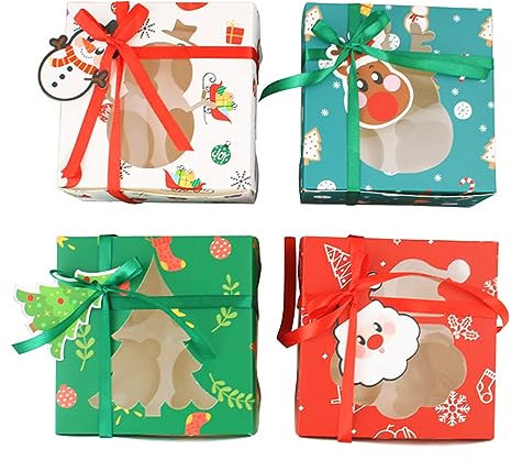 Allbusky 12PCS Christmas Cake Boxes 4 Holes Cupcake Boxes, Christmas Paper Bakery Boxes Cupcake Carrier with Window, Paper Treat Boxes for Christmas Party Favors