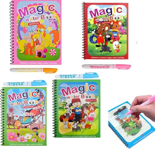 4 Pièces Livre de Coloriage, Peinture Magique a L'eau à Enfant, Magic Water Book Réutilisable Avec Stylo Doodle Planche Livres D'eau Griffonner Jouets L'eau Magique Conseil Peinture Enfants Dessin