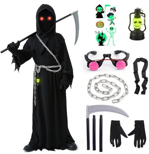 YADODO Grim Reaper Costume Kids Boys 8-9-10 with Scythe Glowing Eyes Scary Grim Reaper Outfit Fancy Dress Kids Scream Scary Halloween Death Costume Cloak Black Cape for Boys Girls Halloween