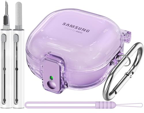 Inesore [with Safety Lock] Clear Case for Samsung Galaxy Buds 2 Pro/Galaxy Buds 2/Galaxy Buds Pro/Galaxy Buds Live,Accessories with Anti-Lost Keychain/Silicone Wrist Strap(Purple)