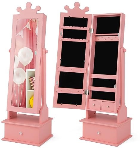 COSTWAY Armadio Gioielli per Bambini con Specchio, Armadietto Portagioie da Terra per Bambini con 3 Cassetti, per Bambini 3+ Anni, Ideale per Camera da Letto (Rosa)