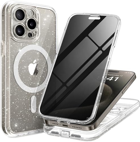 TIESZEN für iPhone 15 Pro Hülle, kompatibel mit MagSafe,glänzend klar | Integrierter Blickschutzfolie, vollständiger Kameraschutz, staubdichte stoßfeste magnetische Ganzkörper-Hülle, 6.1 Zoll