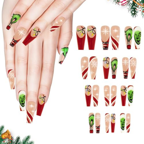 Christmas False Nials Long, Christmas Press on Nail, Red & Green Coffin Stick on Nails for Women, Acrylic Ballerina False Nails with Double-side Glue for Women Girls Nail Art Accessories Y9LMTTMJ (A)