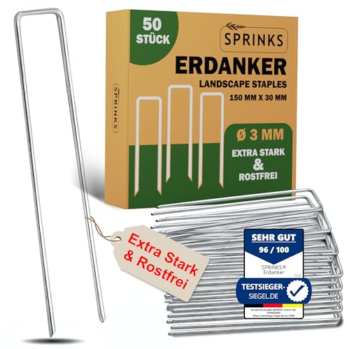 SPRINKS Erdanker Heringe aus verstärktem Stahl [50 Stück] – Extra stabile Anti-Rost Bodenanker verzinkt für Unkrautvlies Gartenvlies Trampolin Zaun Zelte – Erdnägel 15 cm Lang 3 cm Breit Ø3 mm