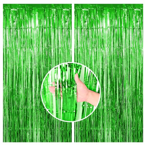 Lametta Vorhang Grüne, 2 Stück Metallic Folie Fransen Lametta Vorhänge, Streamer Tinsel Curtain Photo Booth Backdrop für Geburtstag Babyparty Abschlussfeier Hochzeit Dschungel Partydeko(1m x 2m)