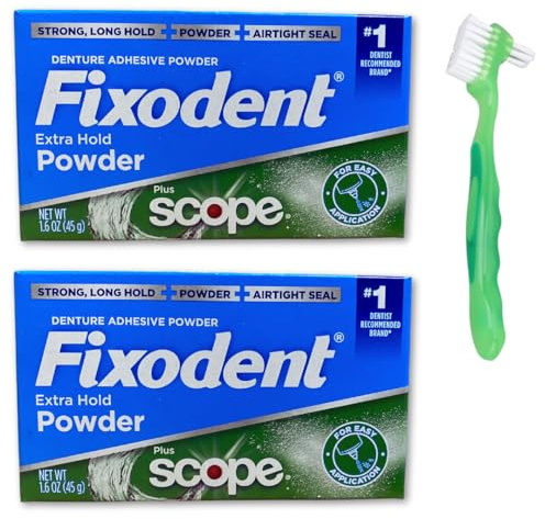 Fixodent Extra Hold Denture Adhesive Powder Pack of 2 with 1 Denture Brush (3 Items)