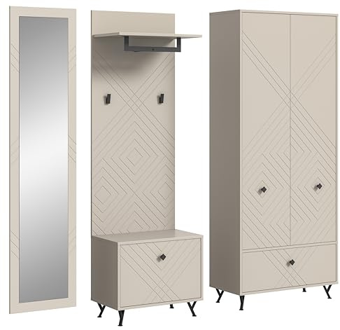 xonox.home Garderobe Notes 4tlg. Set Garderobenkombination Garderobenschrank Garderobenmöbel Flurmöbel-Set Flursystem Stauraumlösung Front sandbeige matt MDF Korpus sandbeige melamin
