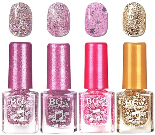 Glitter Nail Varnish Set - 60 Second Quick Dry Nail Polish Set - Translucent Sparkly Nail Polish - Shiny Flash Pink Purple Gold Breathable Nail Polish Long Lasting No Chip No Bake