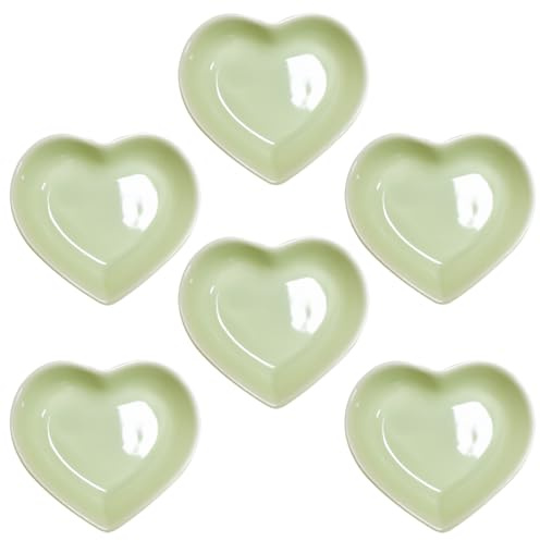 Yuauy 6 pcs Light Green Heart Shaped Porcelain Soy Sauce Dish 1.65 oz Ceramic Dip Snack Dipping Bowls for Dinner Baking BBQ and Cooking