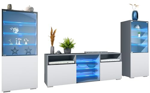 Vladon Wohnwand Granada, Anbauwand bestehend aus 2 Vitrinen und 1 TV-Board, Anthrazit matt/Weiß matt inkl. LED-Beleuchtung (286 x 122,5 x 35 cm)