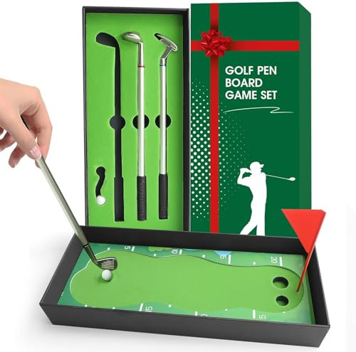 Mini Desktop Golf Ball Pen Gift Set with Putting Green - Fun Golf- Includes Flag, 3 Golf Club Pens, 2 Balls for Father Mother Daughter Son Wife