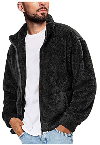 Mezza giacca in pile da uomo giacca pelosa invernale tinta unita casual manica lunga tenere caldo pile colletto con cerniera cappotto Outwear denim Hi Lo gilet, Nero , XXL