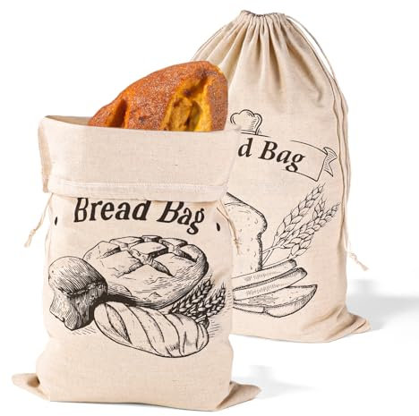 PEUTIER 2pcs Unbleached Bread Bags, 17.8x11.8 Inch Reusable Bread Container Washable Loaf Bags Loaf Storage for Homemade Bagels Toast Croissant (Khaki)