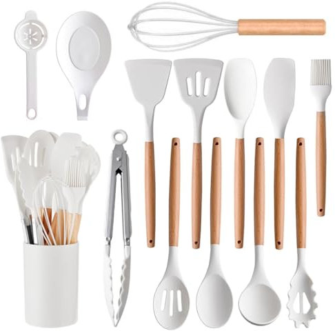 feyiubmen - 14 assiettes pour meubles de cuisine, en silicone, adaptés au lave-vaisselle, avec manche en bois non pincé, couverts de cuisine