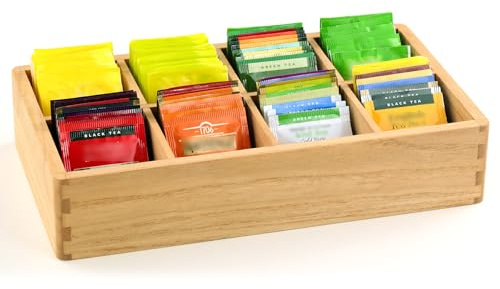 KIRIGEN Teebox ohne Deckel, Tee-Organizer, 8 Fächer, Natur | Teebeutel-Aufbewahrung für Schublade, 34,4 x 19,2 x 7 cm, Paulownia-Massivholz, handgefertigt, fertig montiert, Pflanzenöl