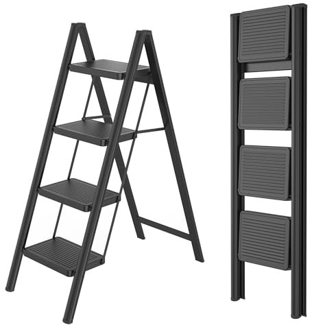 Scala pieghevole 4 gradini, ampio pedale antiscivolo, multifunzione, facile da riporre, portata 270 kg, scaletta per gradini, colore nero