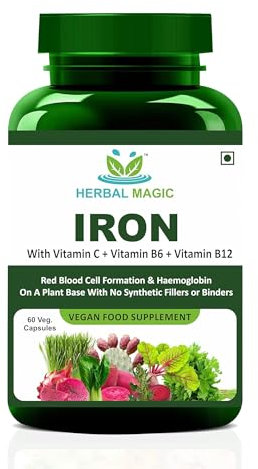 Herbal Magic Iron with Vitamin C, B6 & B12 – 60 Capsules, Vegan Food Supplement for Energy & Wellness, Non-GMO
