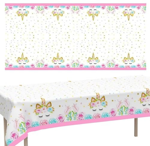 MORAINJAY Rose Nappe Vaisselle Anniversaire à Thème Licorne pour Filles,137x274cm Nappe en Plastique Réutilisable,Imperméable, Antitache,Idéal pour Fêtes d'Enfants,Table Décoration Joyeuse