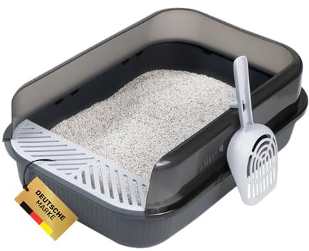 PETLIMA® | Offenes Katzenklo 50,5x34,5x18,5cm - Hoher Rand, frische Luft, Artgerecht, Katzentoilette mit Streuschaufel & Gitter für saubere Umgebung (für kleine Katzen & Kitten) [Anthrazit]