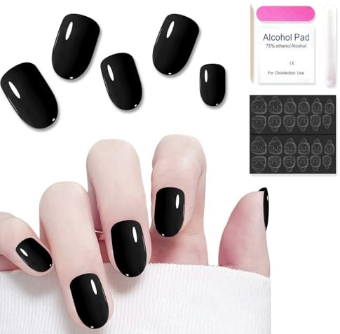 Short Square Press on Nails with Glue, 24 Pcs Elegant French Tip Fake Nails, Stick on Nails for Women, Durable and Reusable, Perfect for Christmas, Weddings, or Parties, DIY at Home (Black)