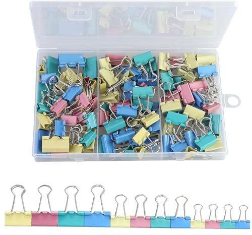100pcs Colored Binder Clips, 3 Sizes Metal Foldback Clips Bulldog Clips Metal Foldback Clamps Coloured Stationery File Money Paper Clamps Colored Binder Clips for School(15mm/19mm/25mm)