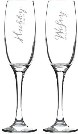 Personalised Date Champagne Flutes Pair, Hubby Wifey Design Couples Champagne Flutes, Personalised Anniversary, Wedding, Engagement Glasses