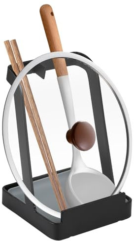 FHISKUNYU Supporto Coperchio Multifunzione Nero, Porta Mestoli e Organizzatore Cucina con Supporto Tagliere Integrato, Design Minimalista Facile da Pulire (1 Pezzo)