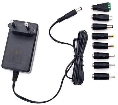 JZK Alimentation 12 Volt 2 A, Adaptateur 12 V 2 A, AC 220 V vers DC 12V, Sortie 500 mA 1000 mA 1500 mA 2000 mA, Remplacement pour Chargeur Mural avec 8 adaptateurs de Prise DC