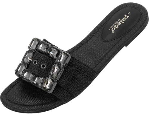 Palado Damen Pantoletten Adhana by Sila Sahin - bequeme Sandalen mit Glitzerschnalle - elegante Hausschuhe - modische Sommerschuhe Schwarz UK6 - EU39