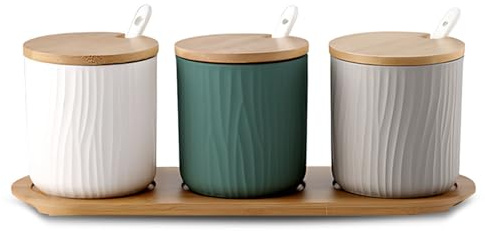 Lot de 3 pots à épices en céramique avec cuillère et couvercle en bambou - Pour sucre, fromage, sel, épices - 300 ml